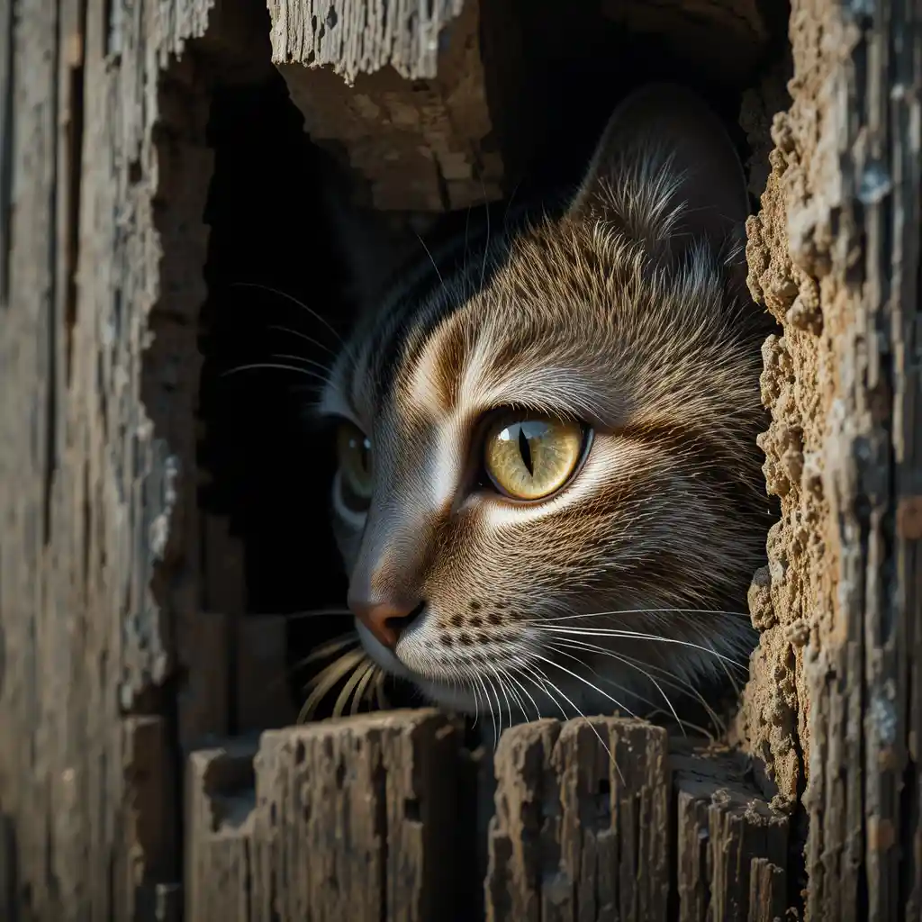 Cinematic close up of a cat eye through wooden crack