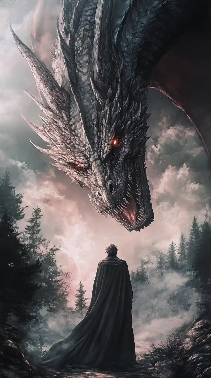Man And Dragon Merged In A Mystical Overcast Landscape