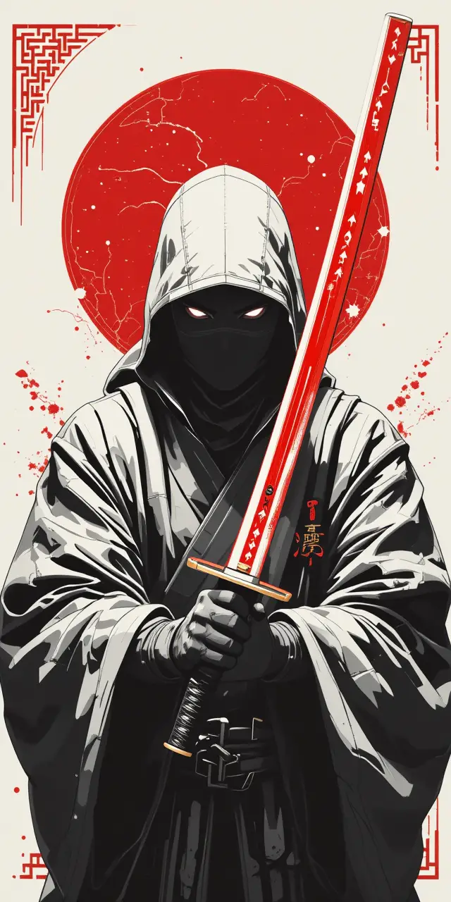 Ilustración monocromática de ninja con katana roja en contraste