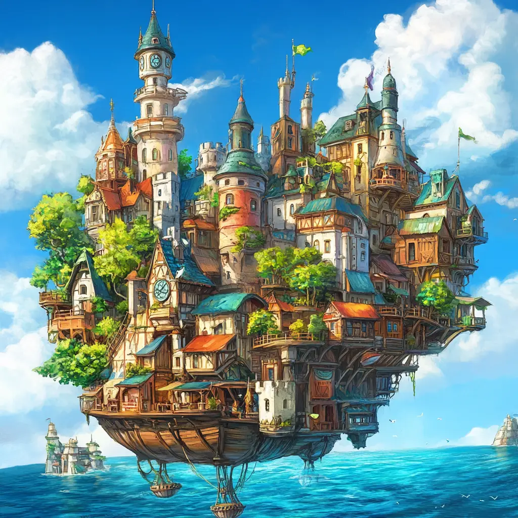Whimsical Floating Castle City Above A Calm Blue Sea