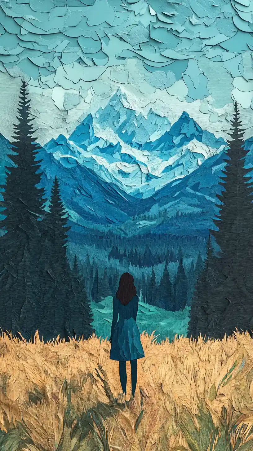 Woman standing in a field before forest and distant mountains