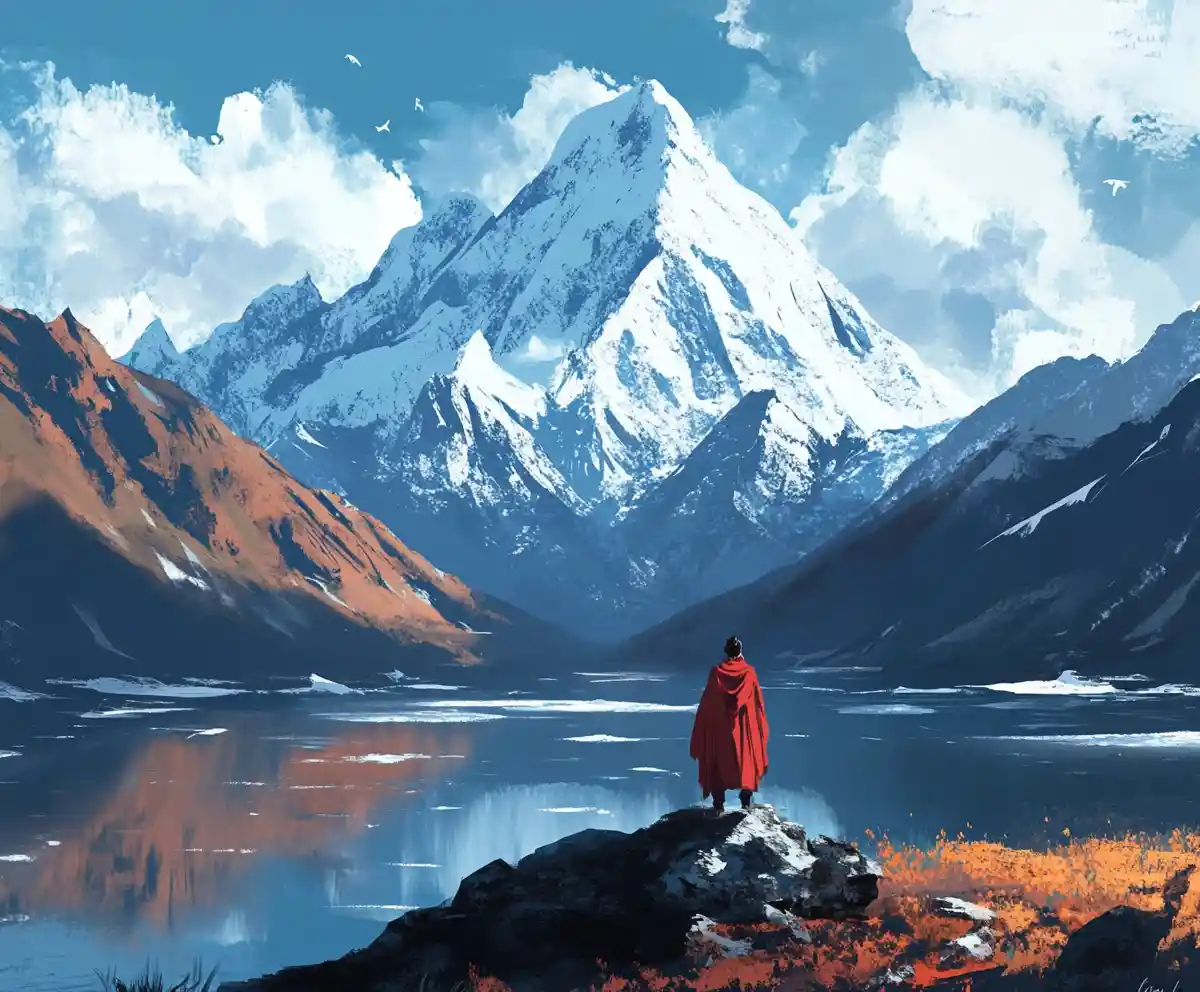 Digital drawing of pure intentions in a Tibetan inspired scene