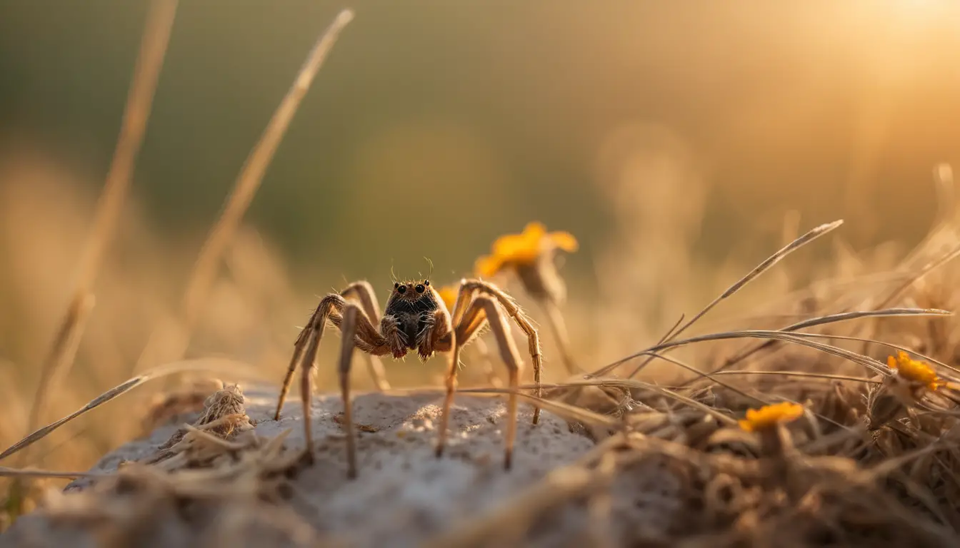 Macro spider on delicate web in golden meadow
