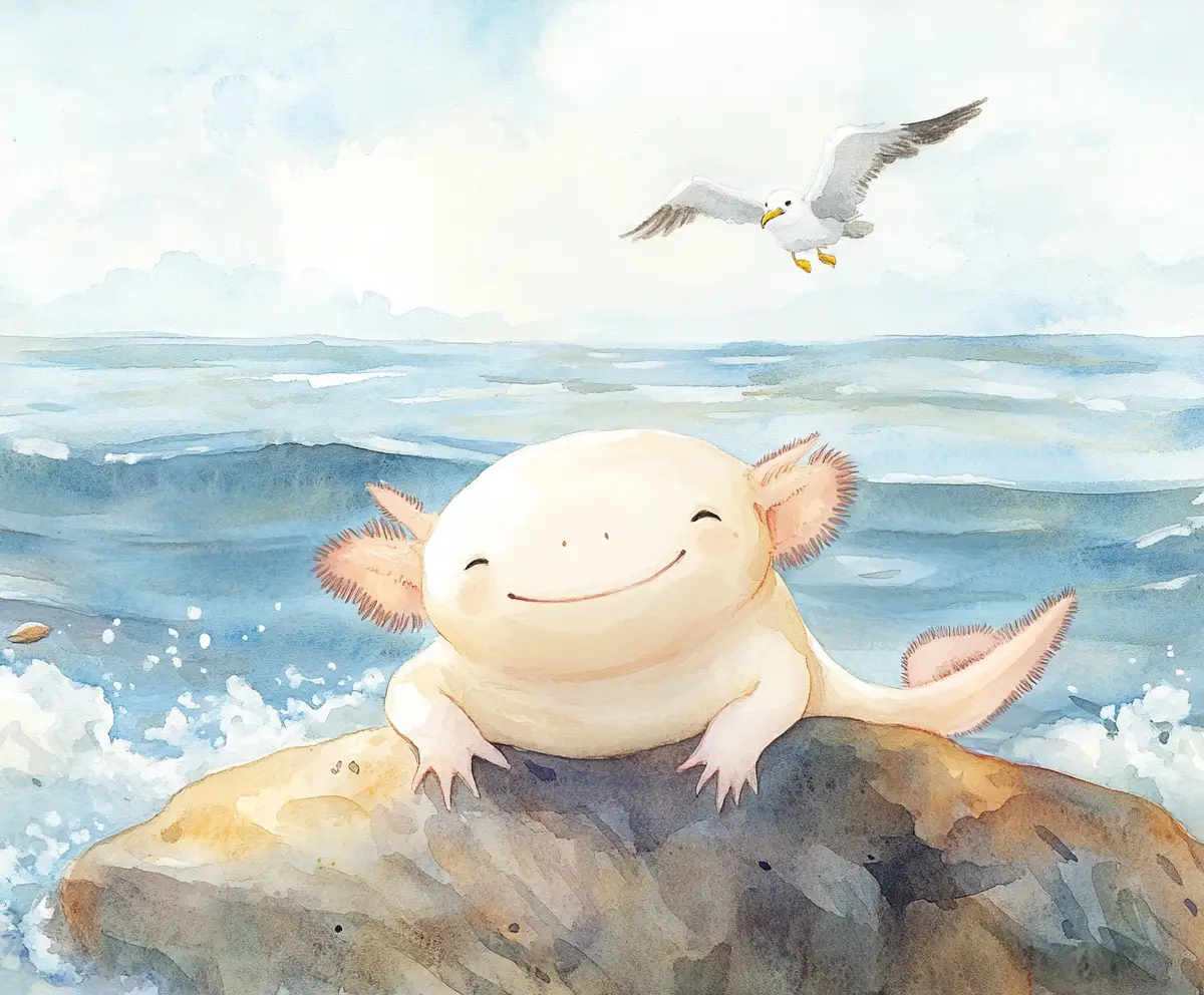 Dolce axolotl che si rilassa su una roccia illuminata dal sole in riva al mare