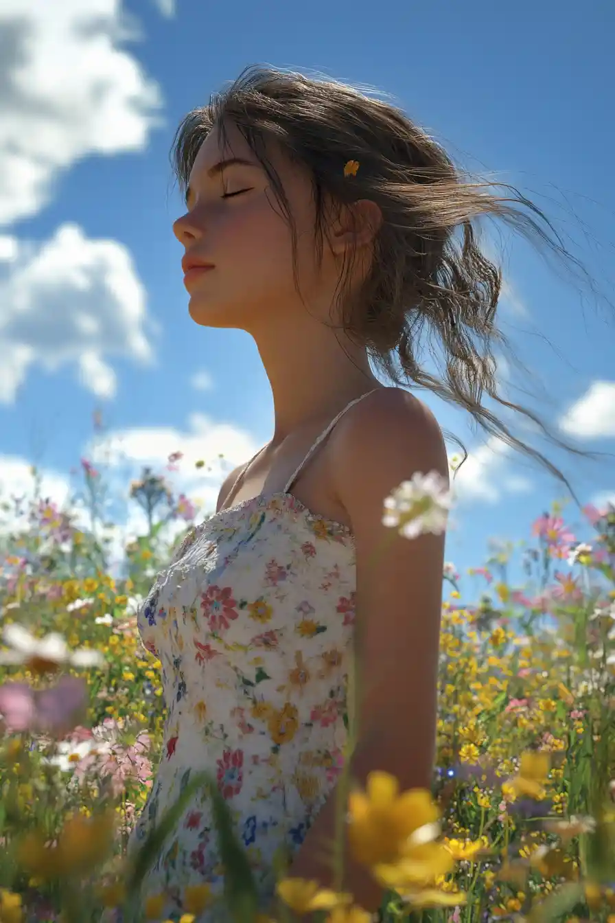 Young girl in sundress standing in a flower meadow