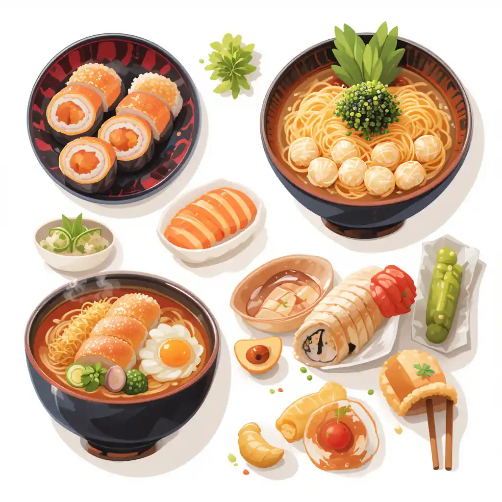 Vector top view illustration of Japanese food set
