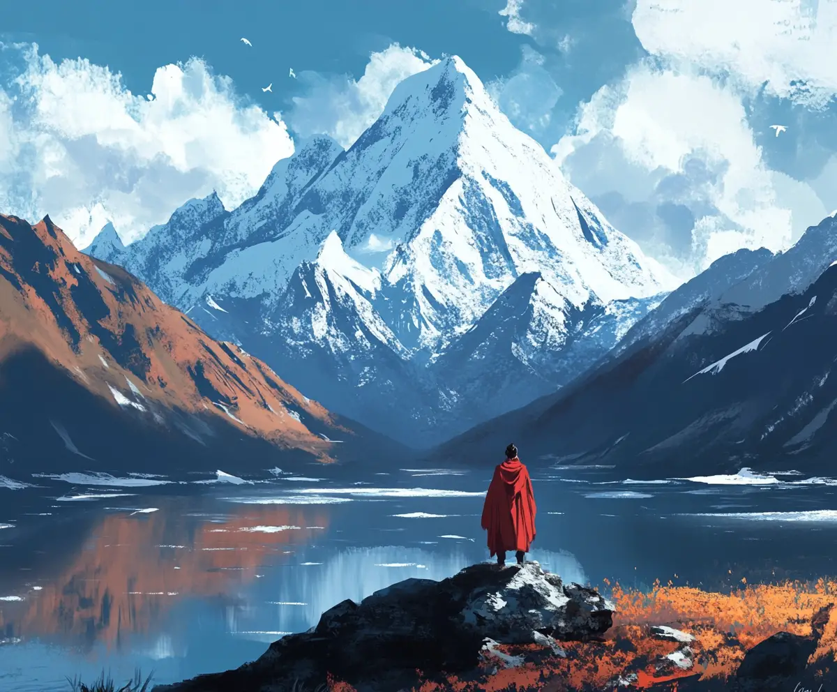 Digital drawing of pure intentions in a Tibetan inspired scene