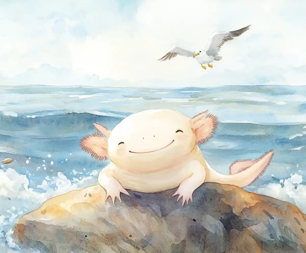 Cute axolotl relaxing on a sunlit rock by the sea
