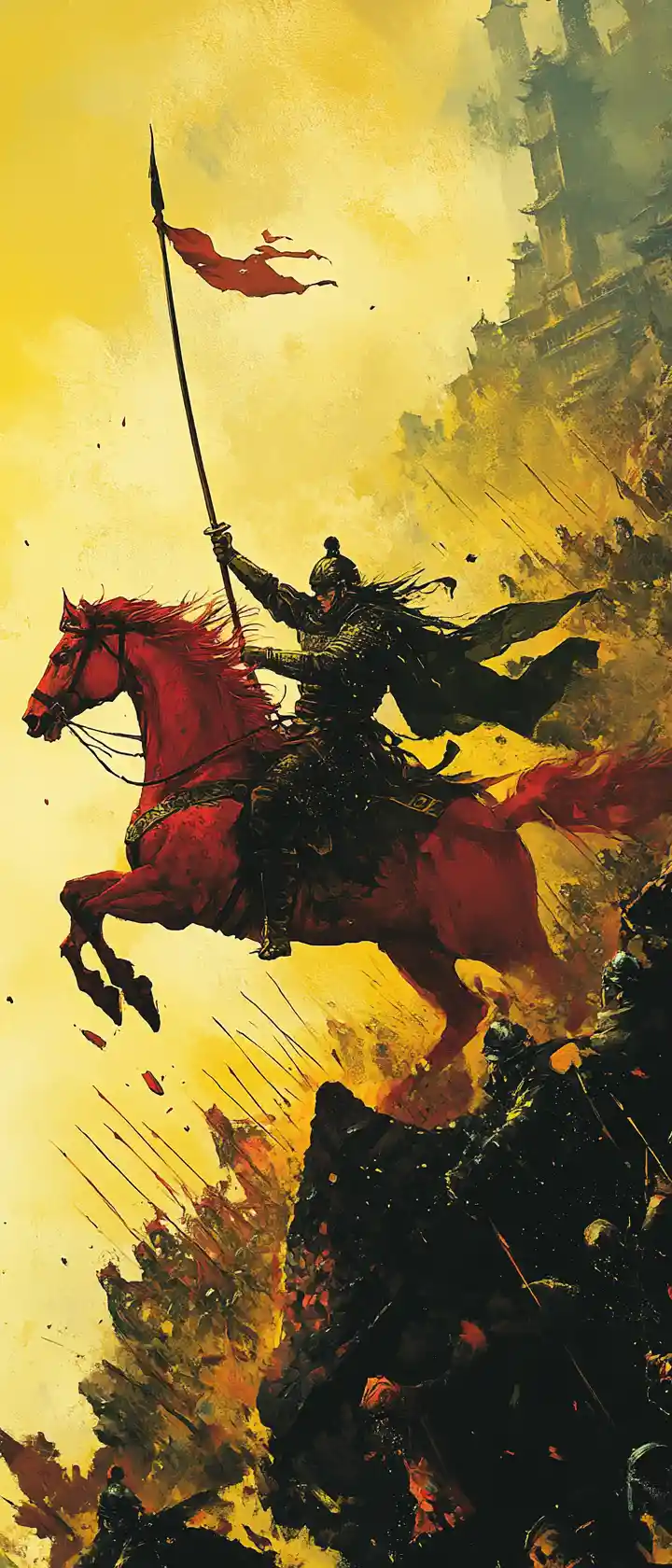 Ancient Chinese warrior charging army in mountain valley