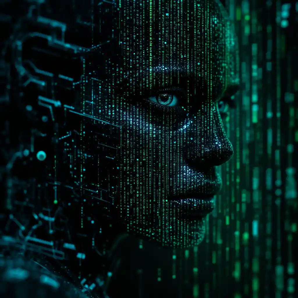 Cinematic digital glitch typography in dark abstract background