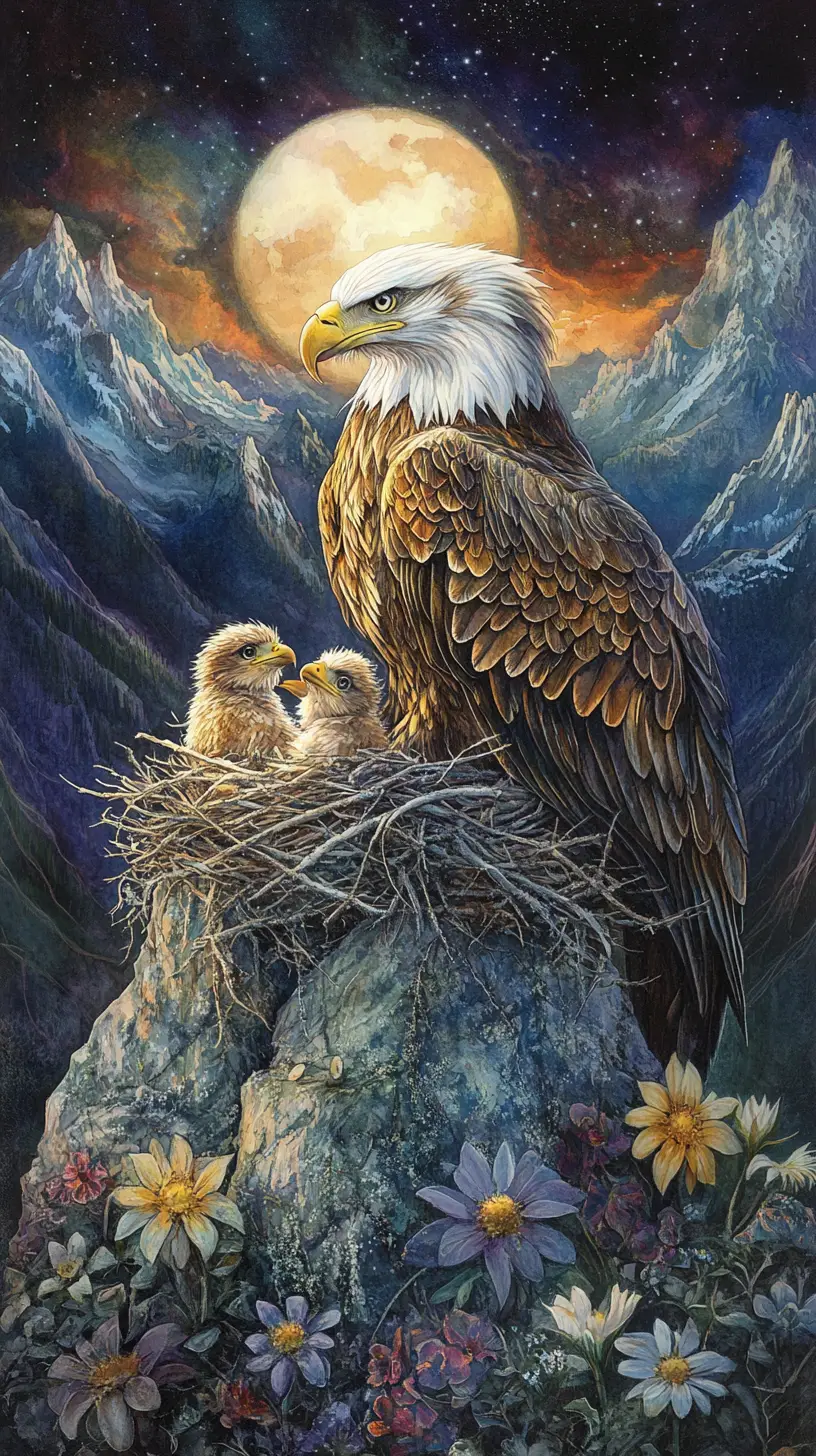 Majestic eagle feeding chicks in a moonlit mountain nest