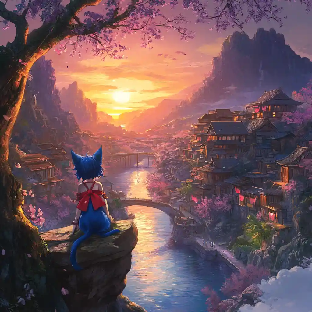 Blue haired girl and cat overlooking riverside village at sunset