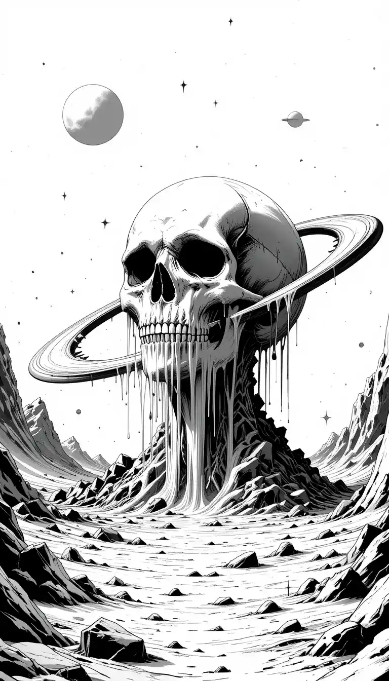 Surreal Melting Skull Planet In Monochrome Cosmic Landscape
