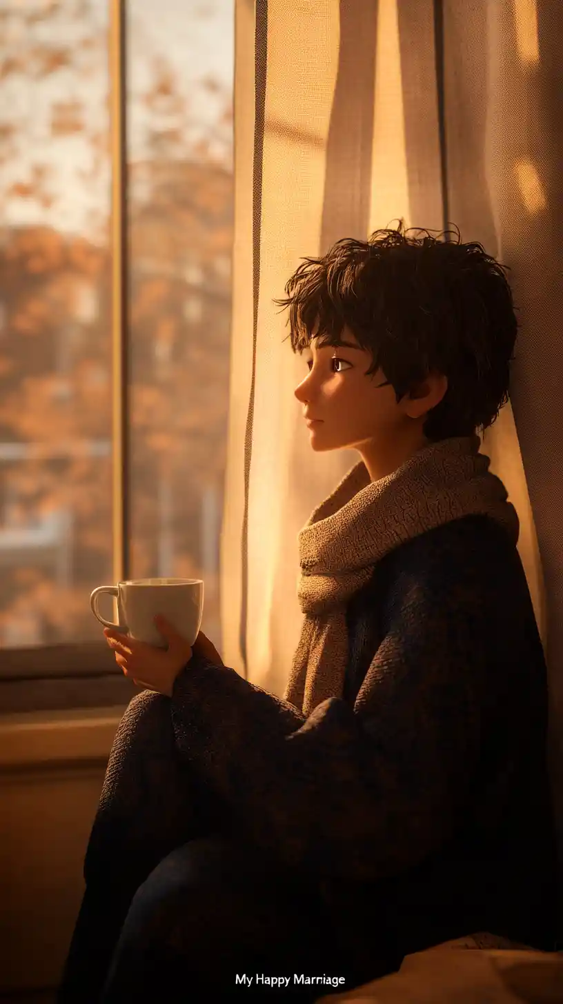 Anime man before a coffee colored curtain in soft light