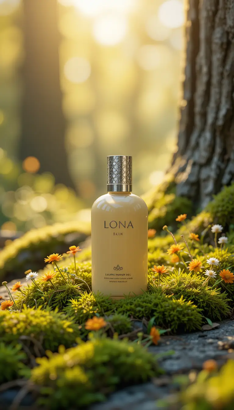 Luxury shower gel bottle on mossy forest stone