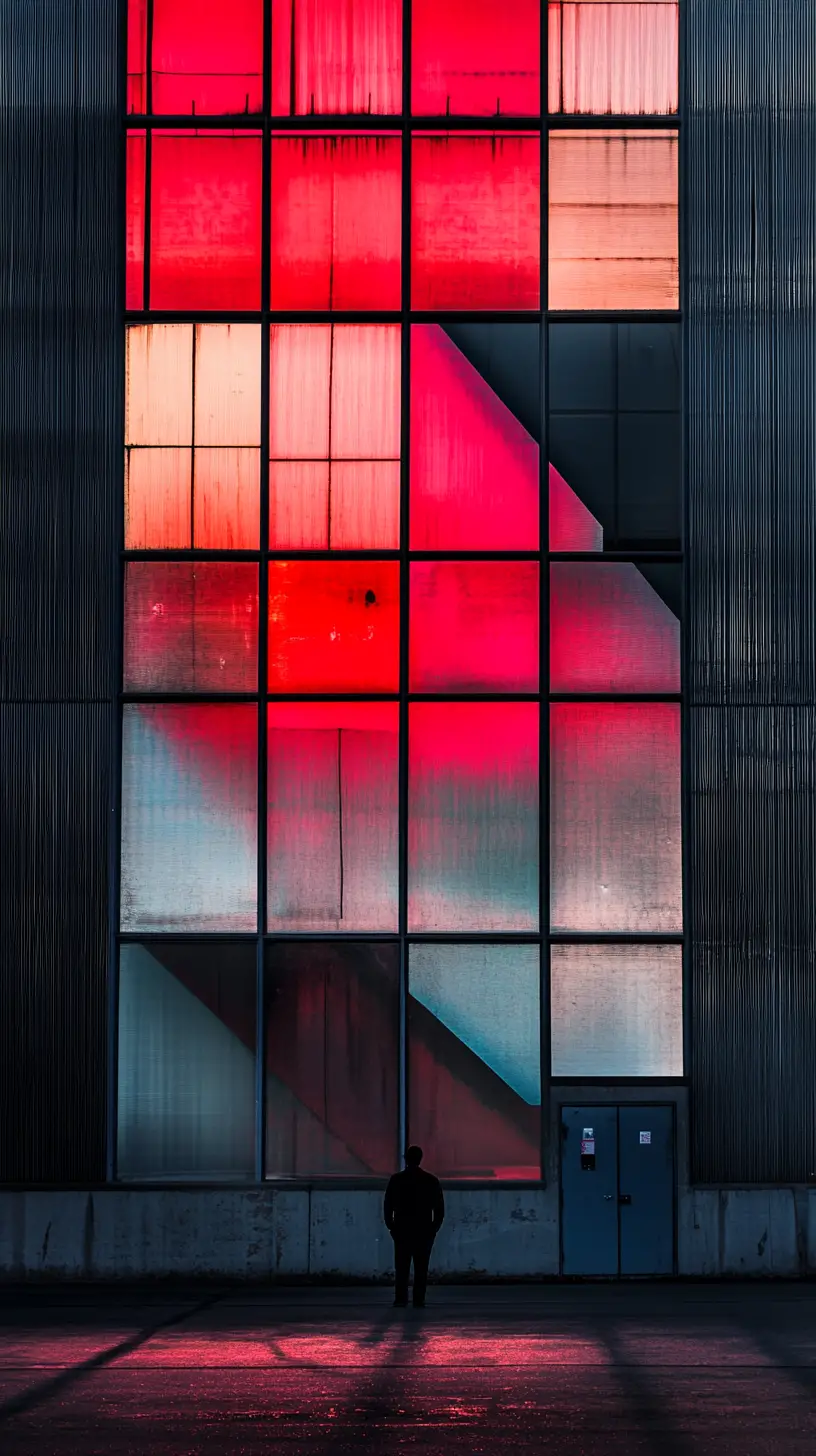 Surreal industrial warehouse window reflecting futuristic colors