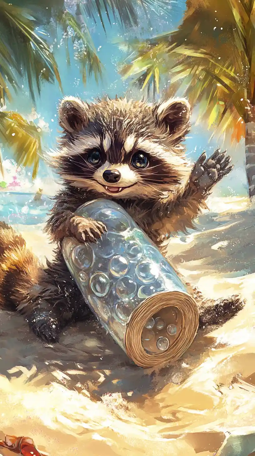 Cute cartoon raccoon mowing a lawn in the desert
