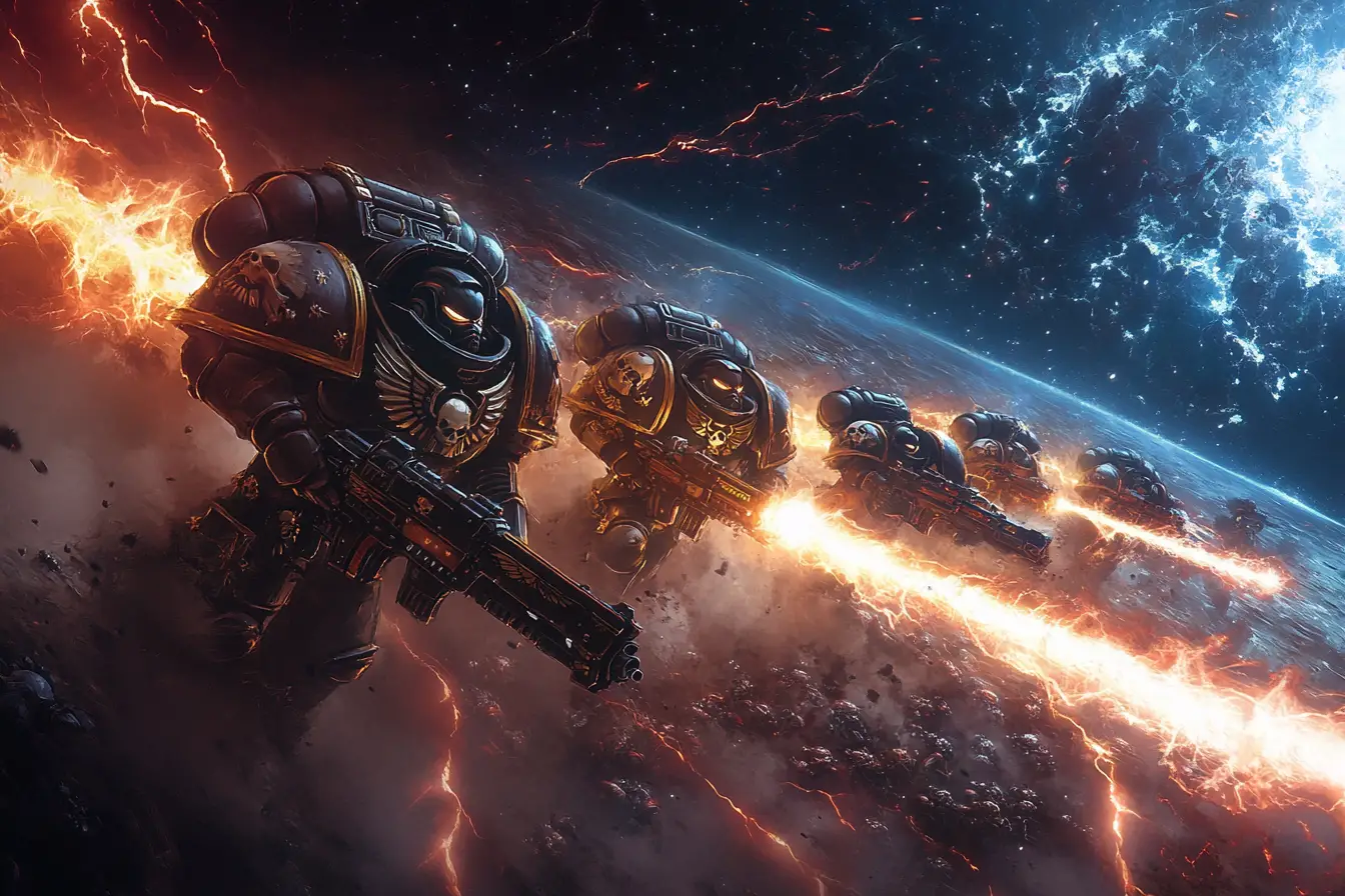 Armored warriors descending from orbit amid celestial lightning