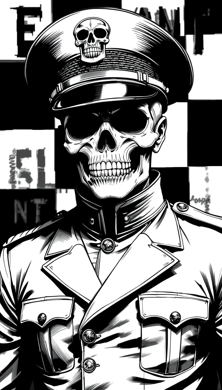 Skull faced soldier in sharp uniform black and white art