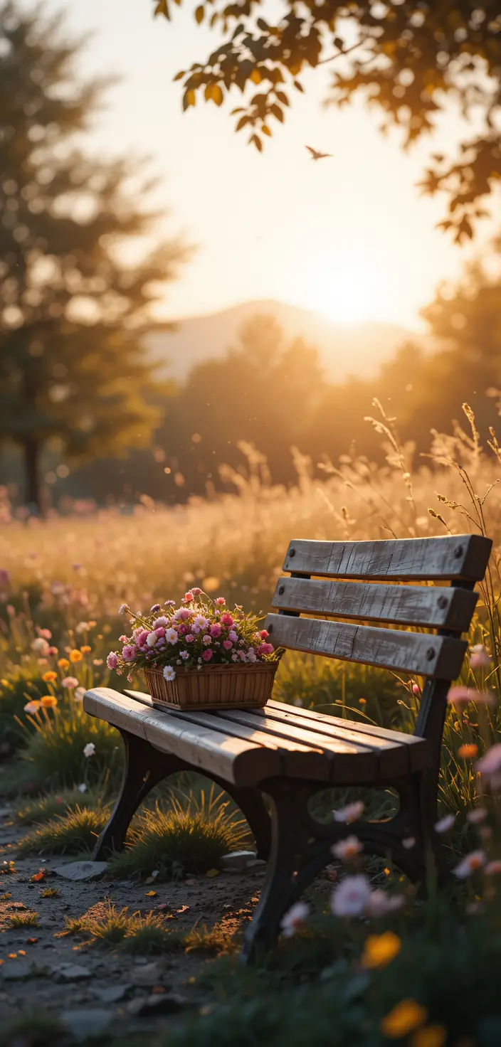 Lonely wooden park bench with flowers in warm sunlight