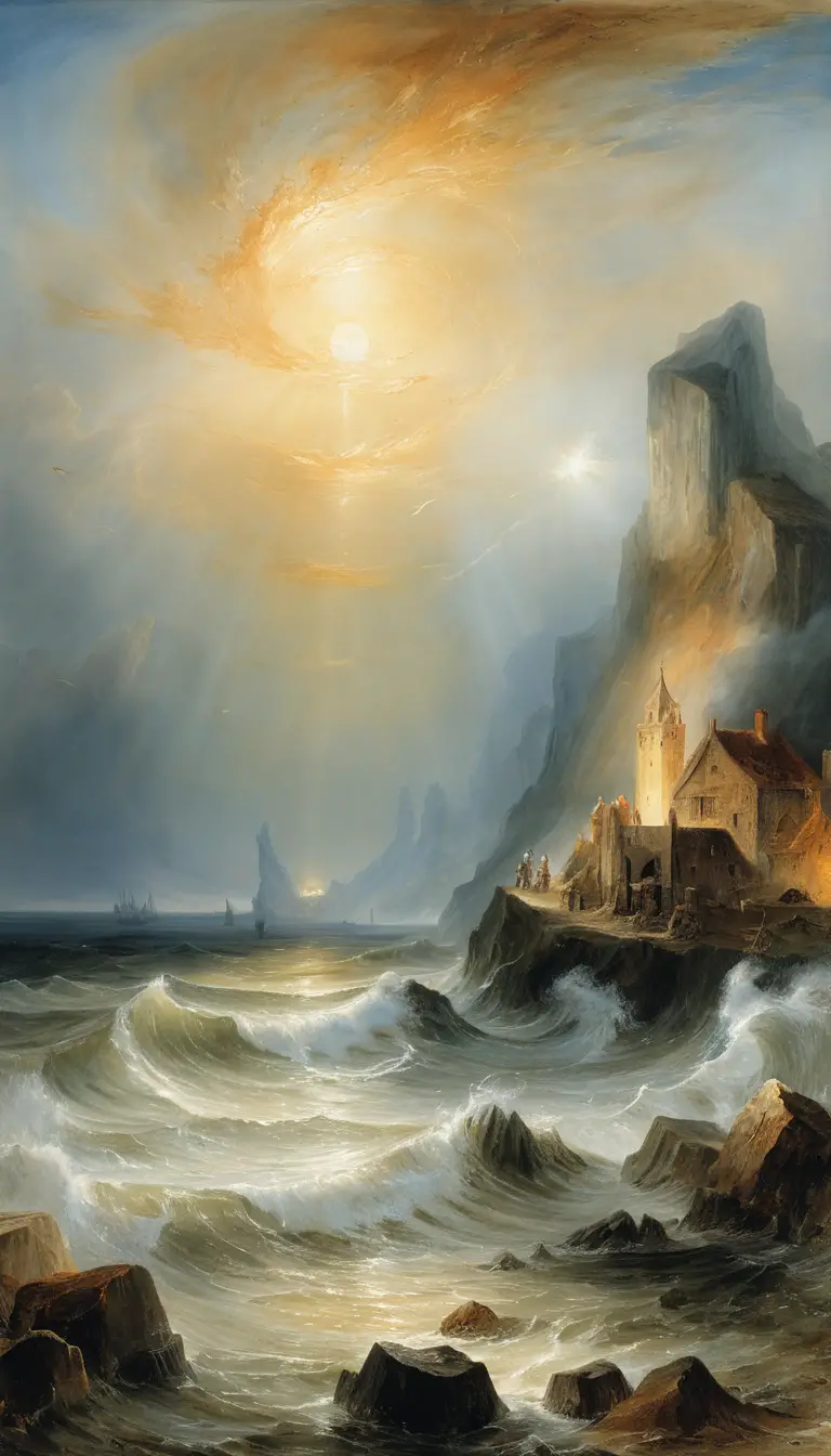 Dreamy stormy ocean landscape under soft moonlight