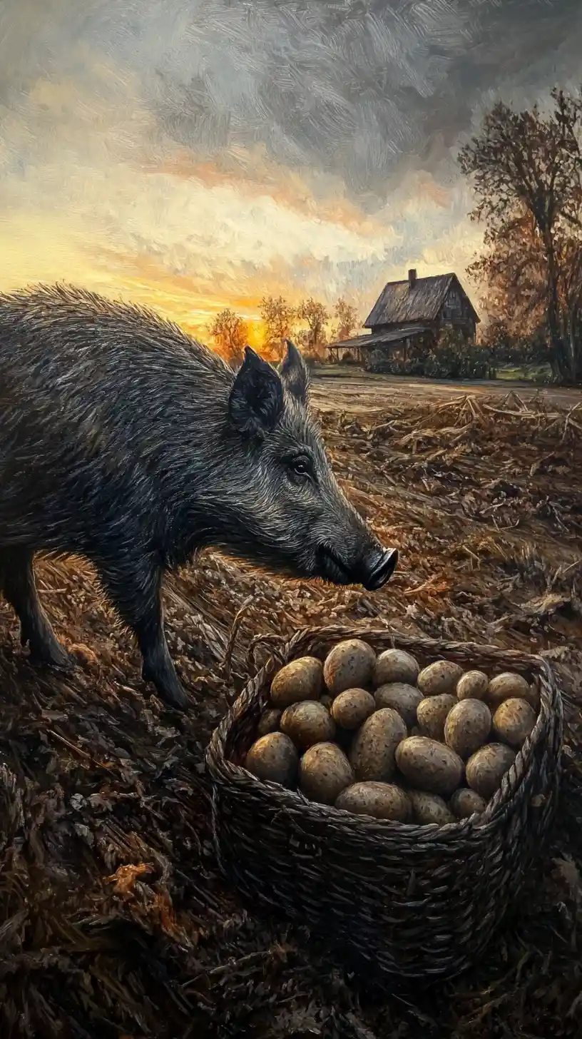 Wild boar eating potatoes in a sunset farm field