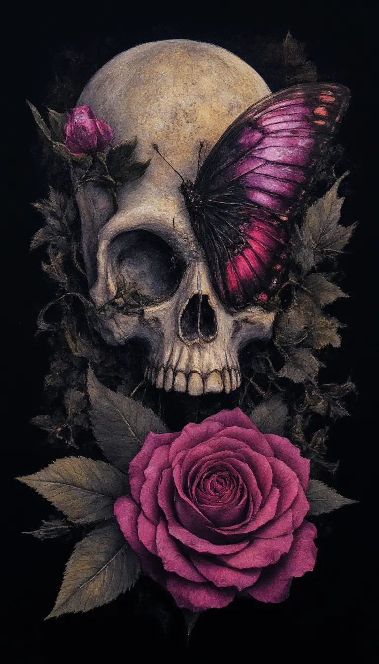 Surreal skull collage with butterfly mask and roses