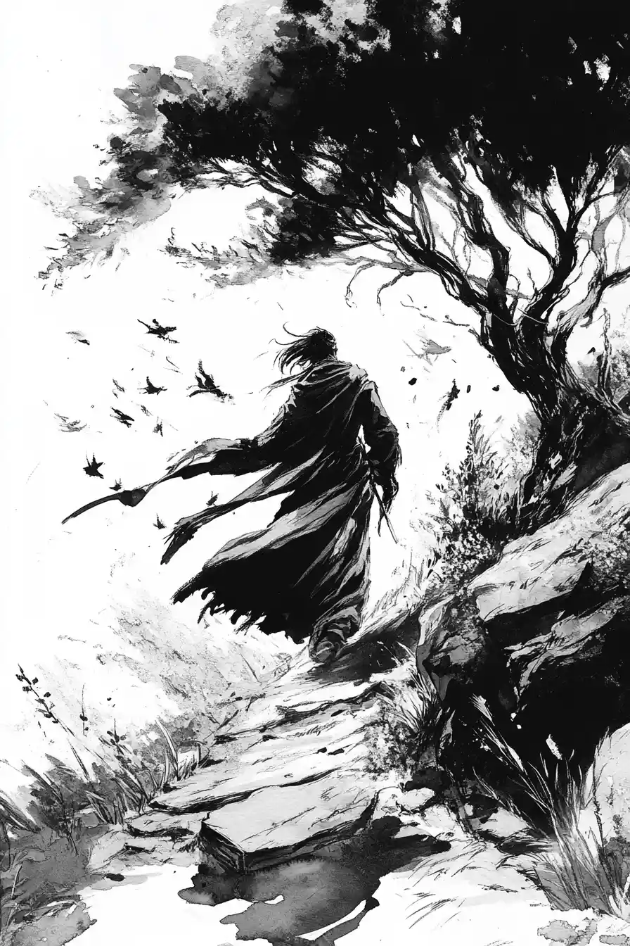 Dramatic figure in motion with ink wash temple ruins