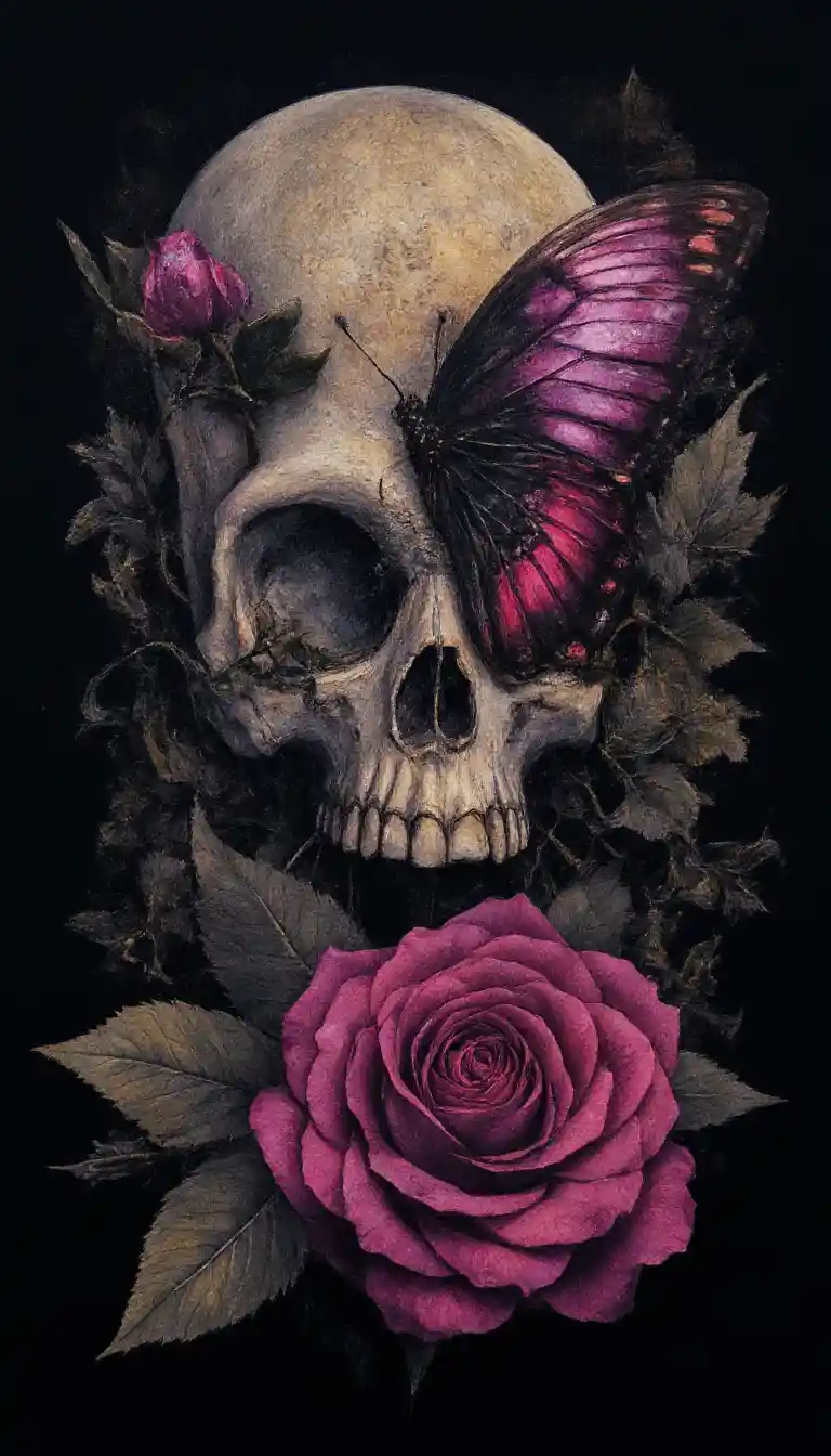 Collage surréaliste de crâne avec masque papillon et roses