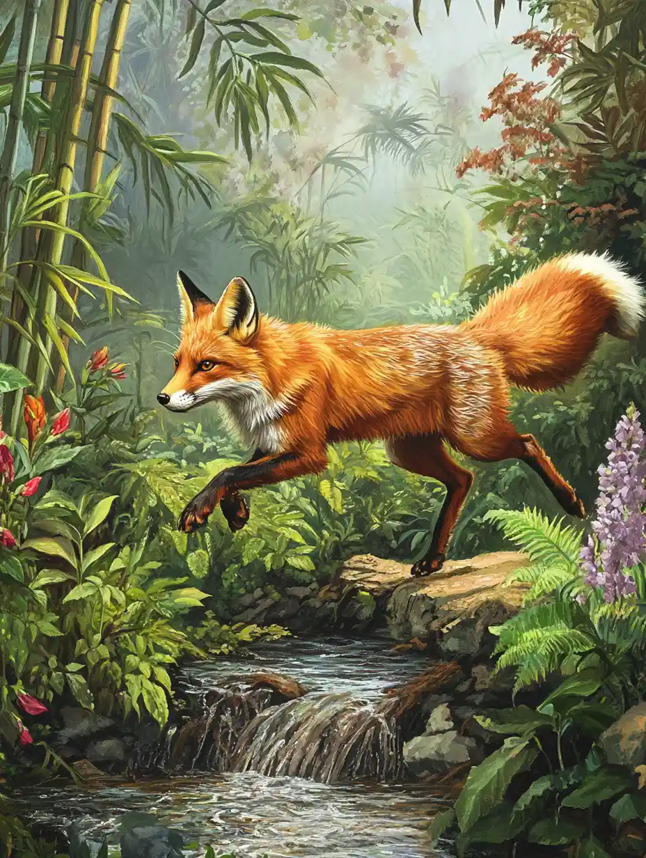 Red fox running along dew covered path in lush garden