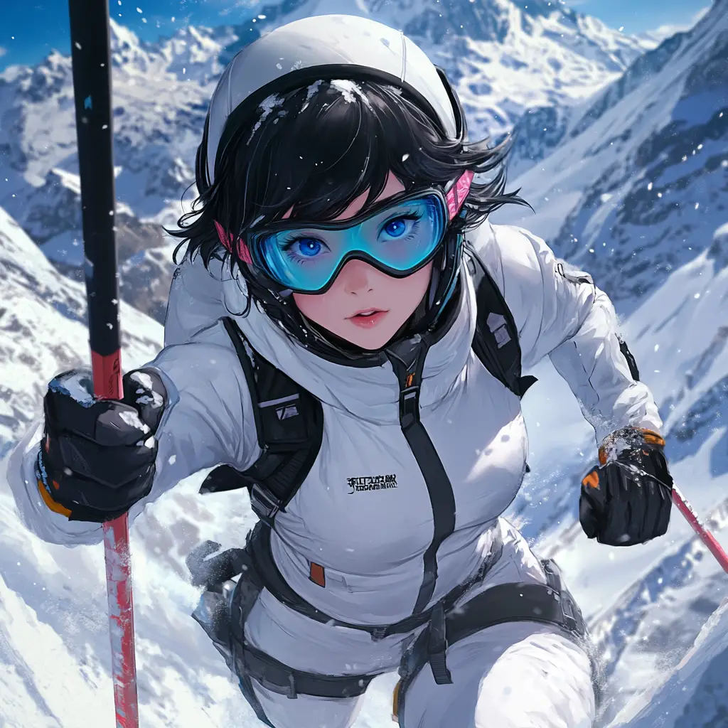 Anime girl skiing in a snowy mountain landscape