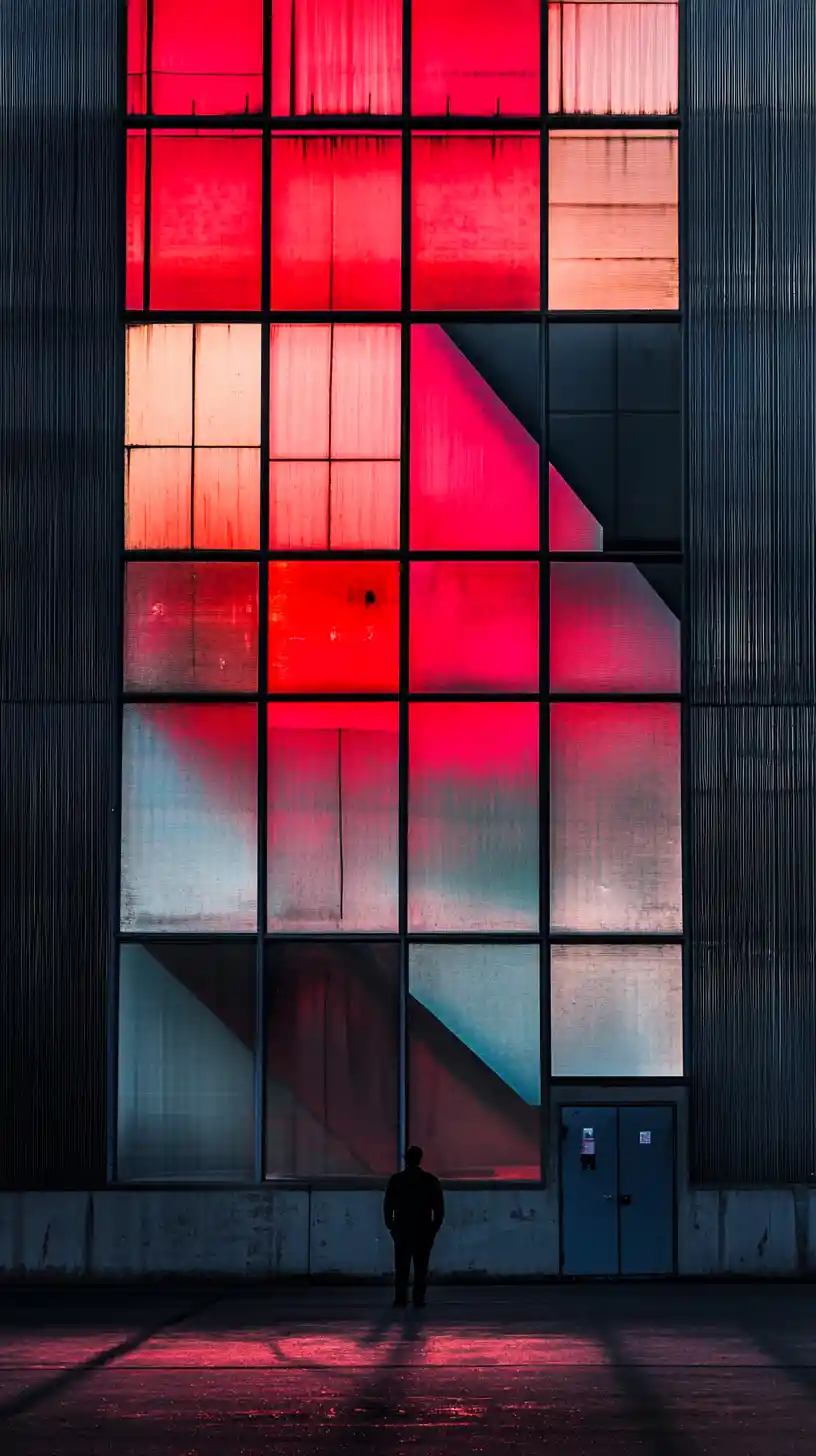 Surreal industrial warehouse window reflecting futuristic colors