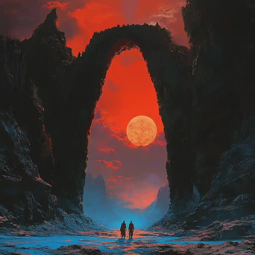 Humans At The Threshold Of A Surreal Fantasy Cave
