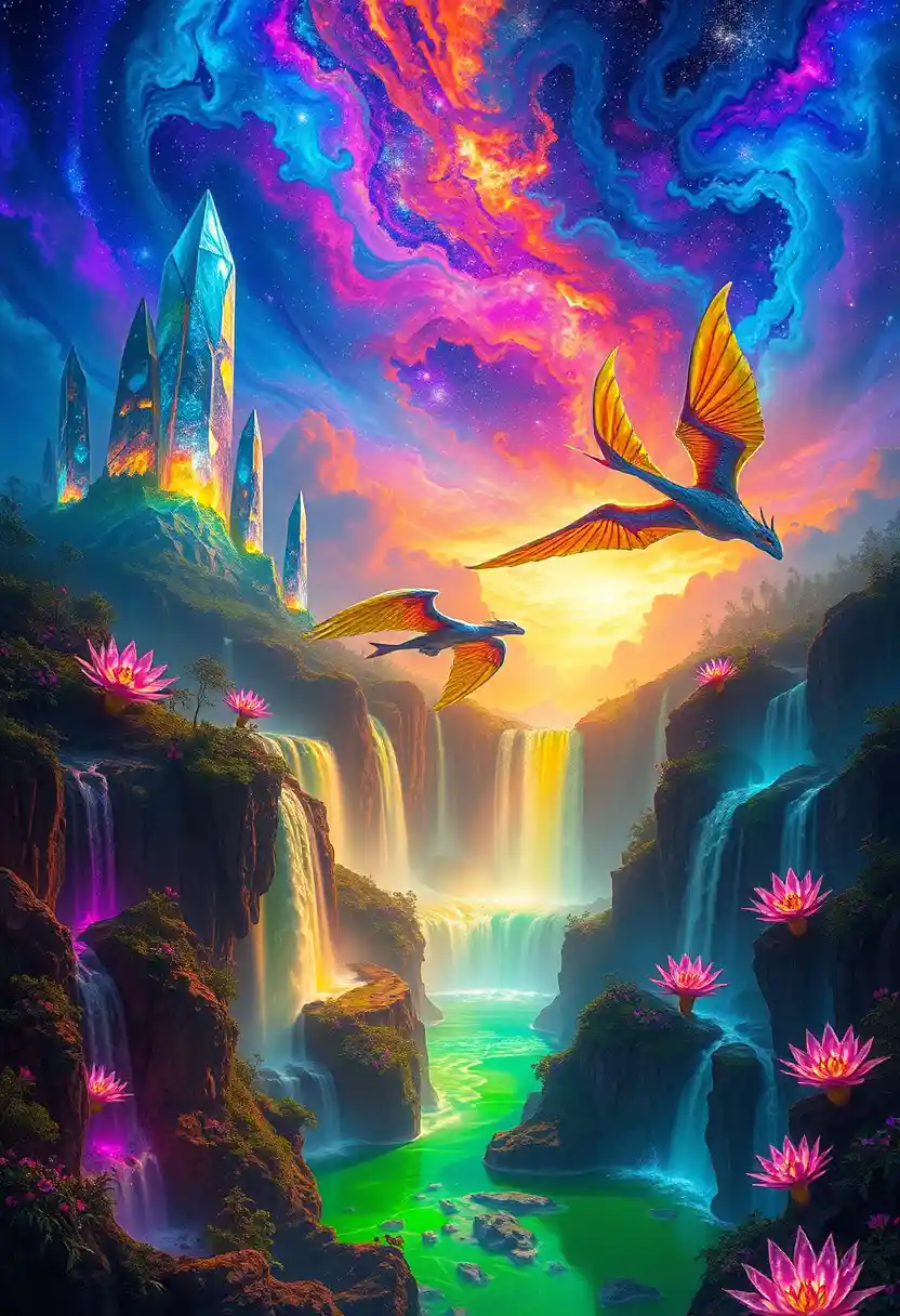 Fantastical landscape of glowing crystals and waterfalls