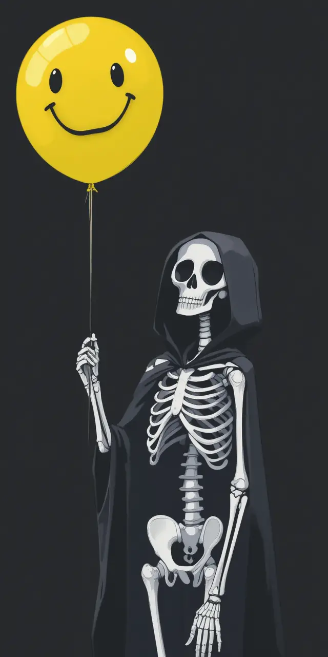 Hooded Skeleton With Yellow Smiley Balloon On Black Background