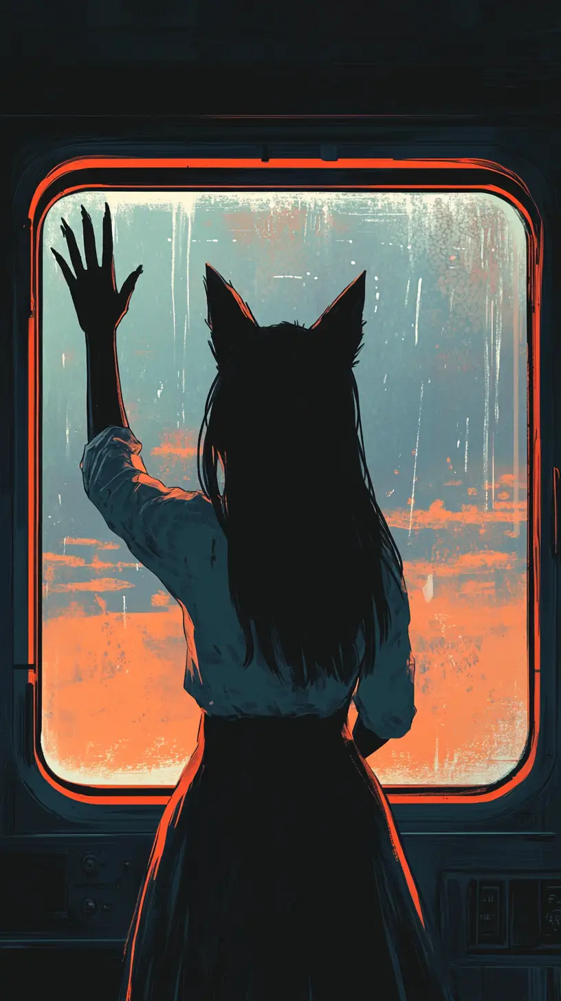 Fox eared woman on a futuristic train touching the window