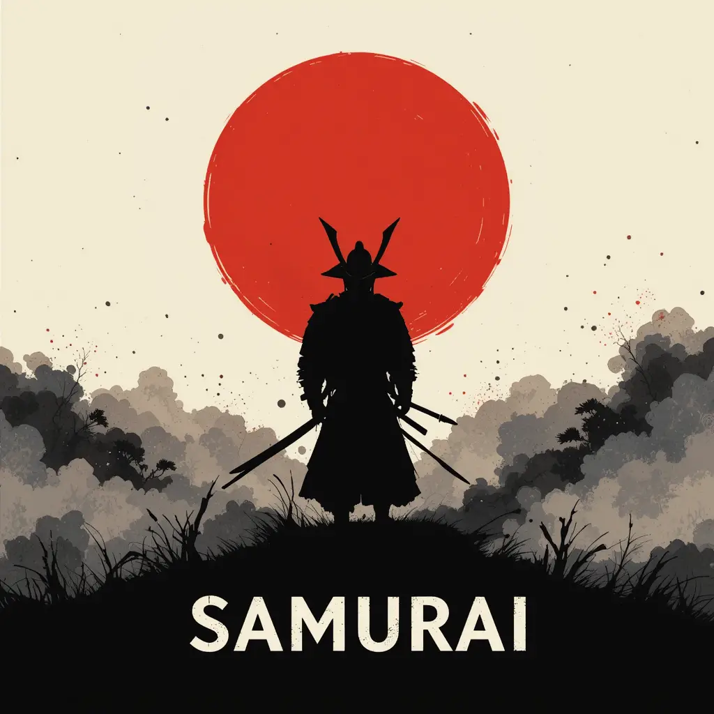 Minimalist samurai logo with crimson sun landscape