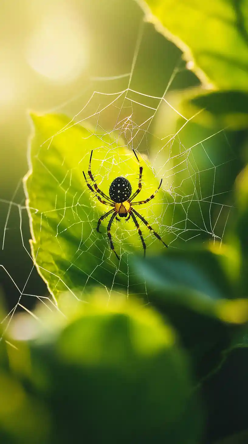 Macro en gros plan d’une minuscule araignée tissant sa toile