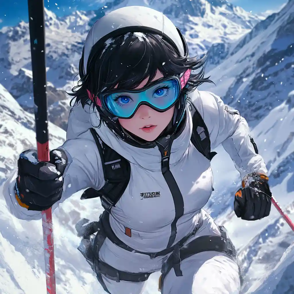 Anime-Mädchen fährt Ski in verschneiter Berglandschaft