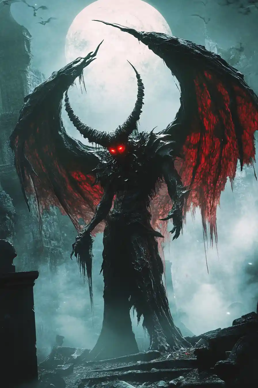 Gothic horned monster in a foggy moonlit graveyard