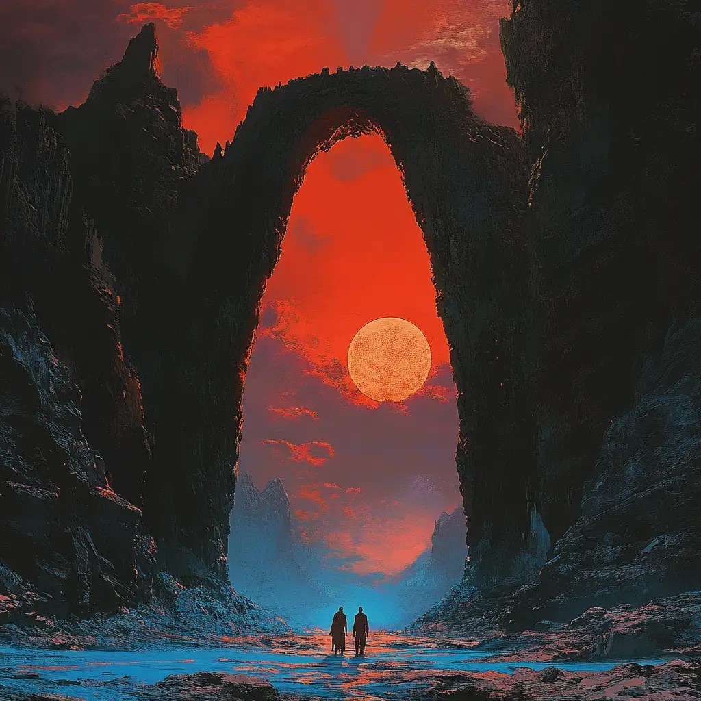 Menschen an der Schwelle einer surrealen Fantasiehöhle