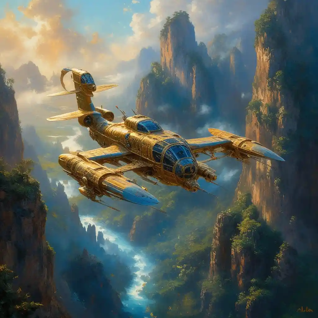 Oil painting of a gunship flying over an alien world