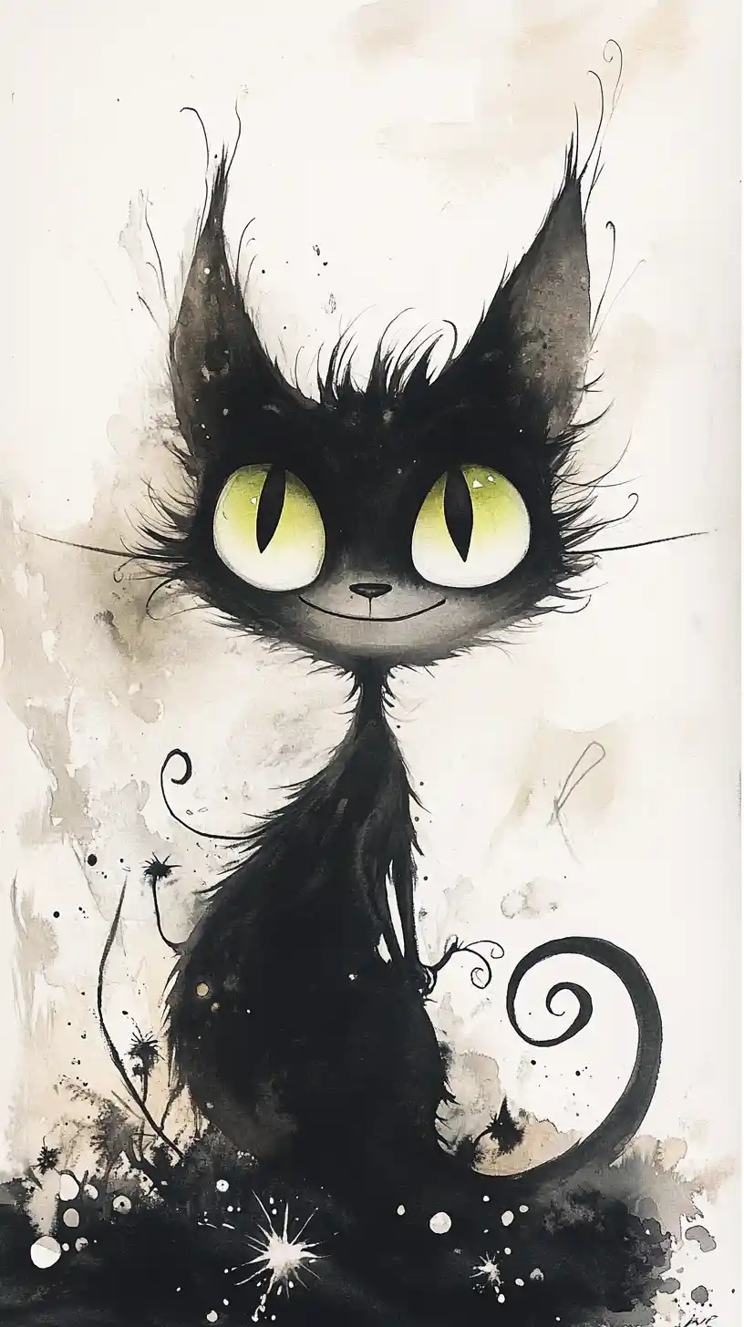 Dreamlike watercolor close up of a tiny smiling cat