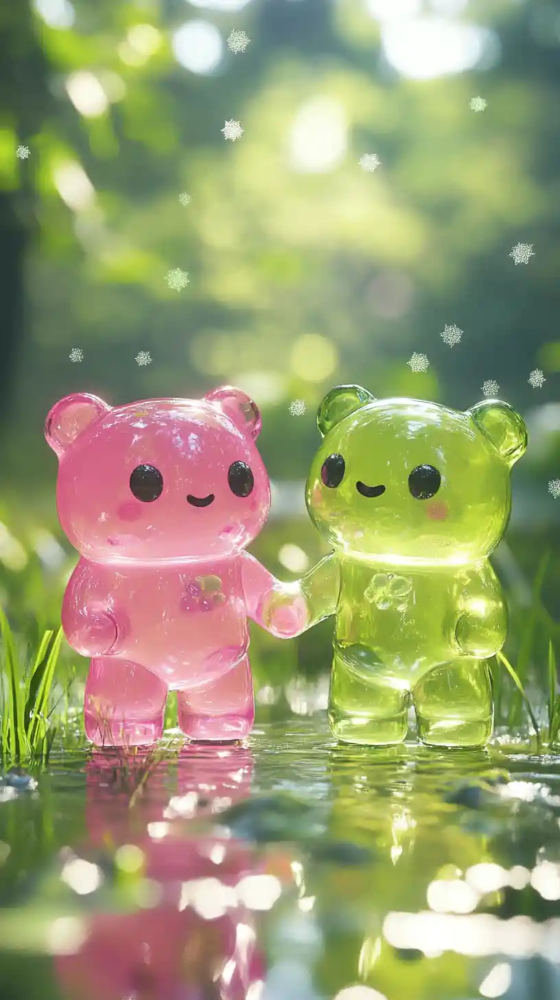 Cute glass gummy bear characters holding hands on grass