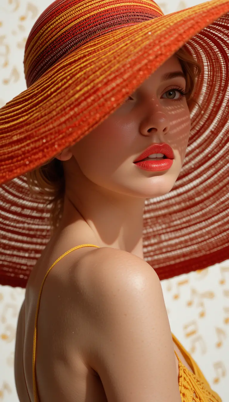 Teen fashion portrait with bold sun hat and red lips