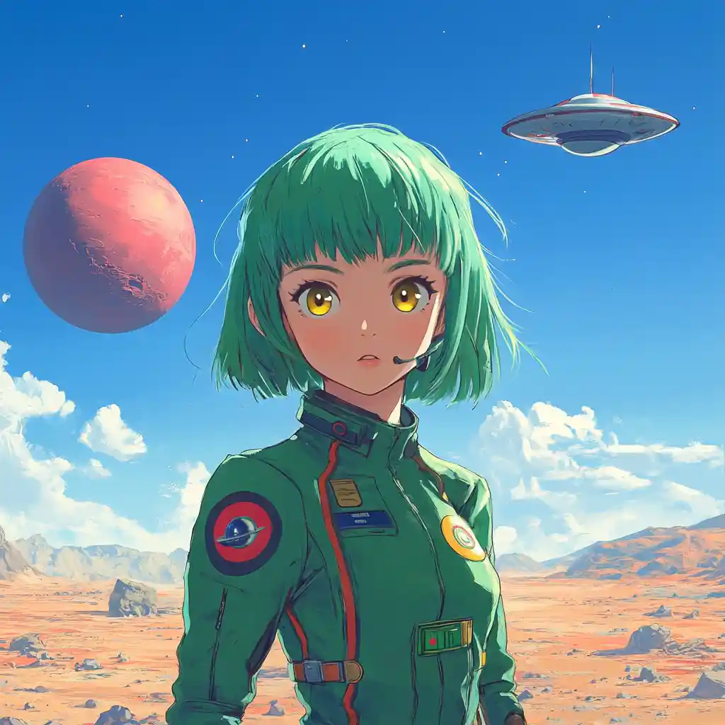 Green haired anime girl in a spacesuit on alien world