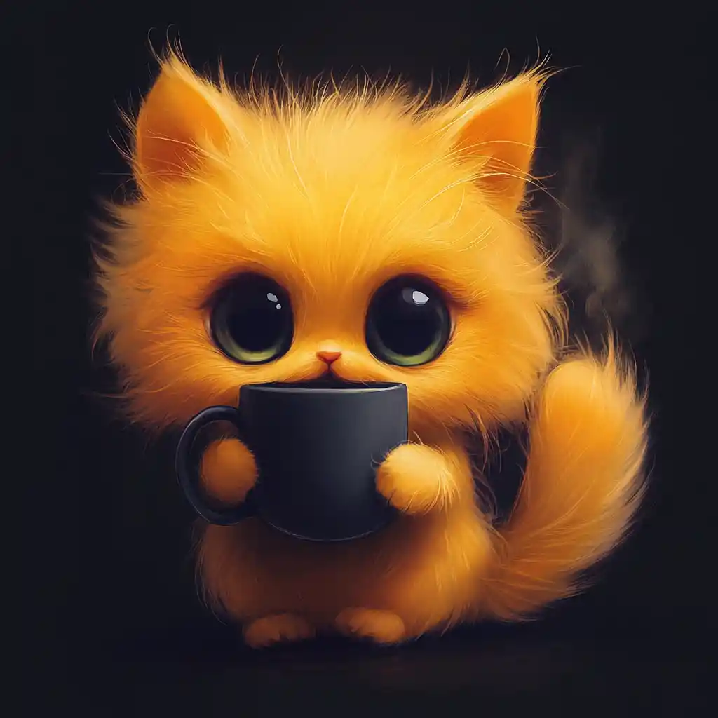 Fluffy yellow cartoon cat holding a dark coffee mug