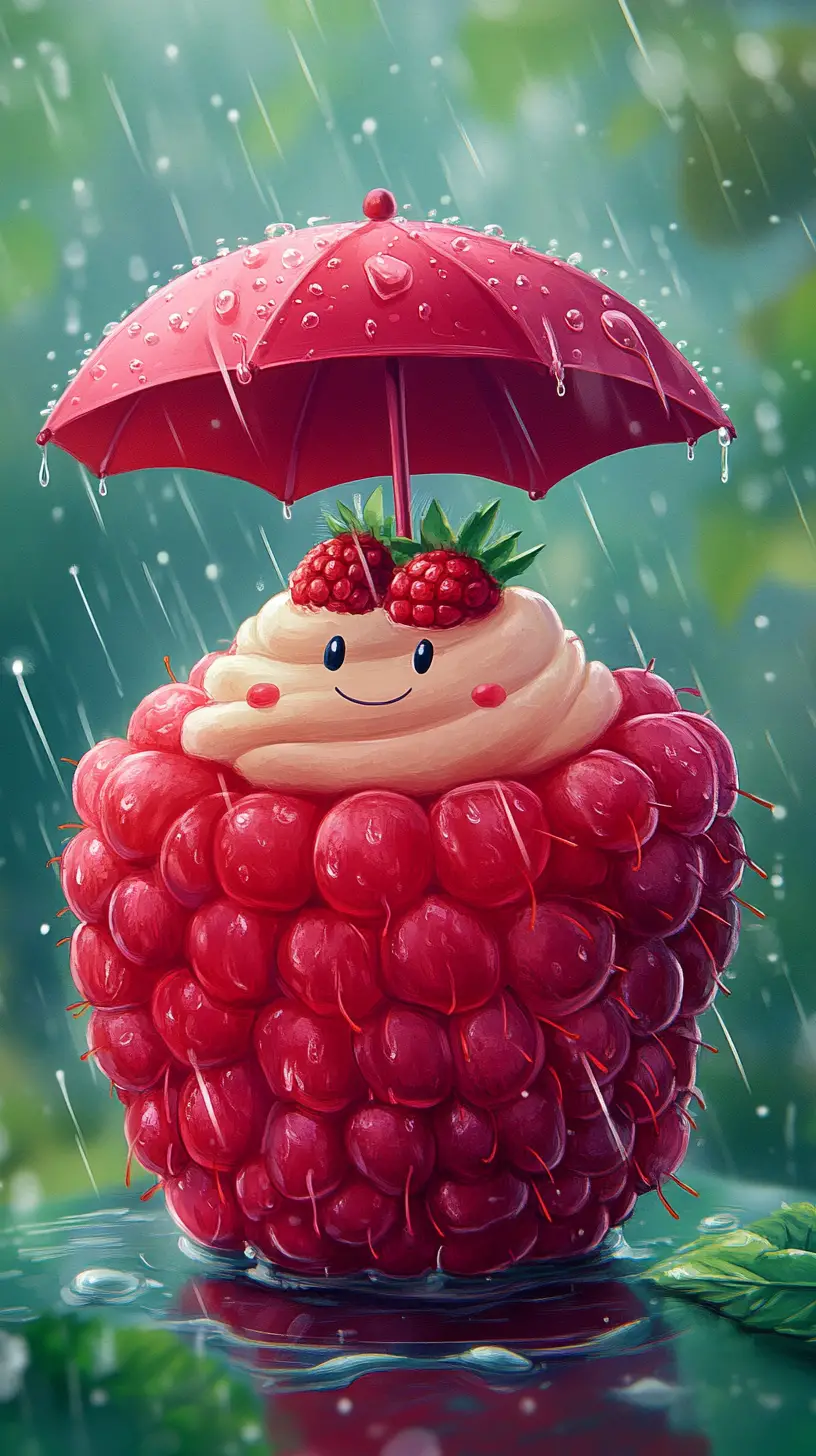 Cute cartoon cake with umbrella on raspberry in rain