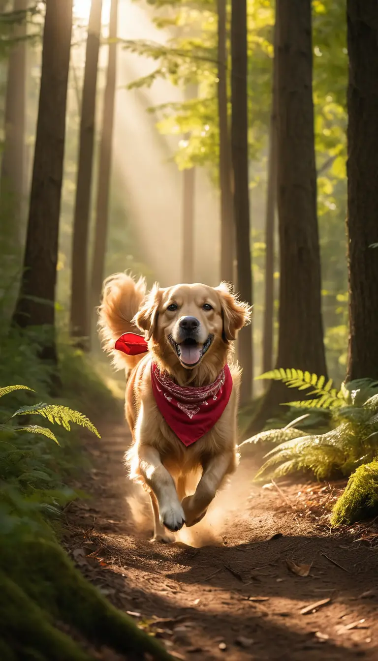 Golden retriever che corre attraverso una foresta luminosa