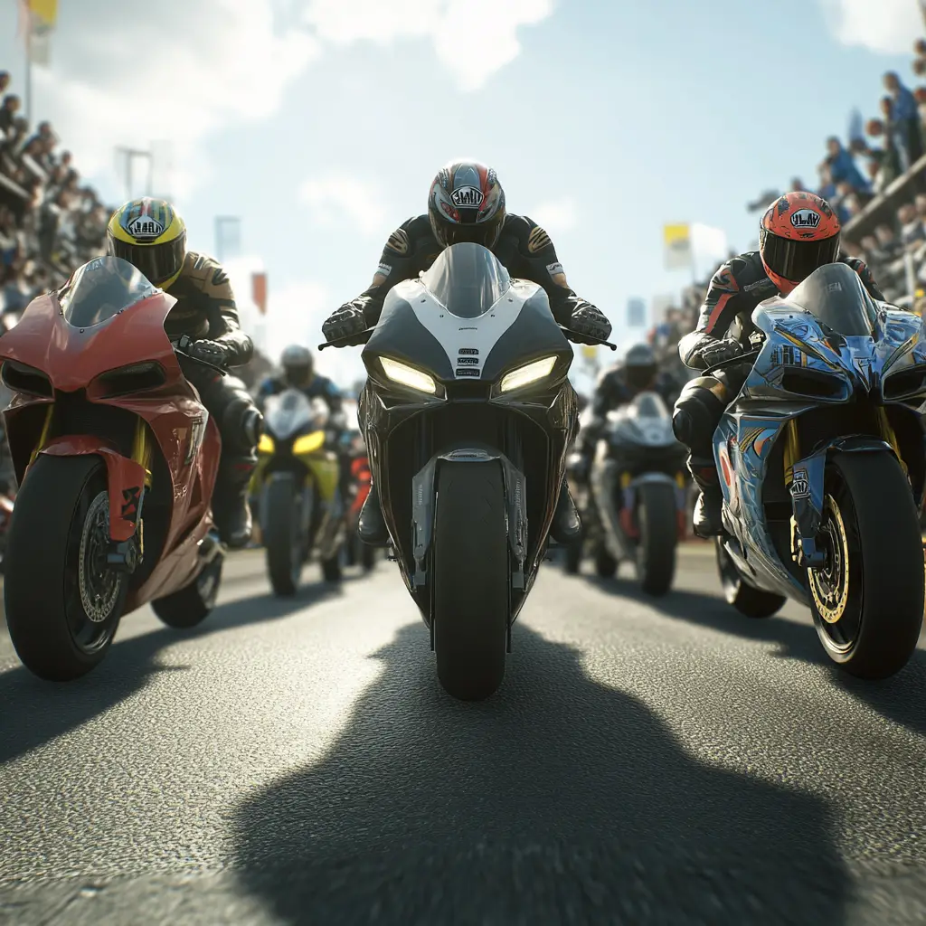 Motorcycle racers poised at the starting line with cheering crowd